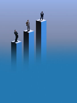Minimal composition with business people standing on growth columns. Concept of performance comparison, hierarchy, career levels, promotion system, and corporate structure.