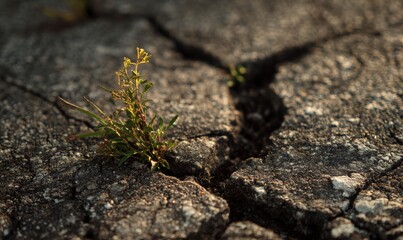 A small plant is growing in the cracks of a rock