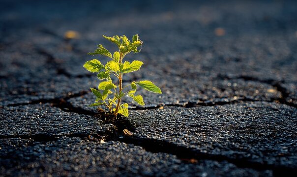 A small plant is growing in the middle of a cracked sidewalk - Powered by Adobe