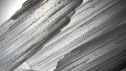 A close-up view of a large stack of neatly organized newspapers in a modern setting