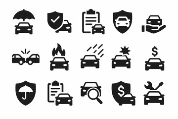 Car insurance icons: coverage, claims, safety, and protection