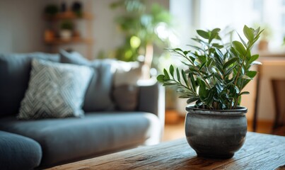 Fototapeta premium A potted plant sits on a wooden table in a living room