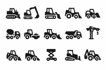 Construction vehicle icons: bulldozer, excavator, crane, mixer, backhoe