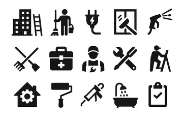 Home and maintenance icons set: tools, cleaning, repair, construction symbols