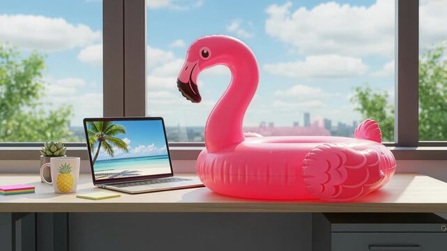 Pink inflatable flamingo float on modern office desk with tropical beach screensaver. Concept of vacation mindset, remote work, and summer office humor