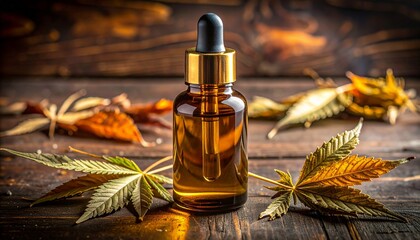 Fototapeta premium CBD oil bottle with cannabis leaves on wooden surface.