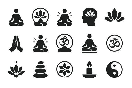 Meditation and yoga icon set featuring lotus and om symbols