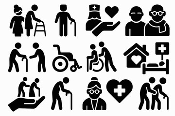 Elderly care icons: support, health, and accessibility symbols