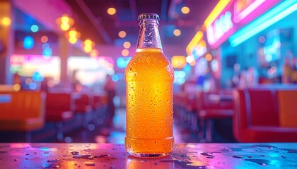 Refreshing Beer Bottle in a Vibrant Bar Setting.