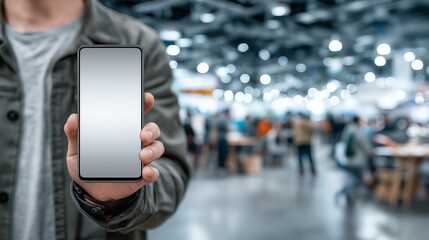 Man Holding a Smartphone with a Blank Screen in a Blurred Modern Interior