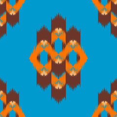 Ethnic ikat orange on blue dye yarns weaving seamless pattern. Vector hand drawn craftsmanship embroidery bohemian, abstract square geographic art fabric ikat textile material design for clothing 