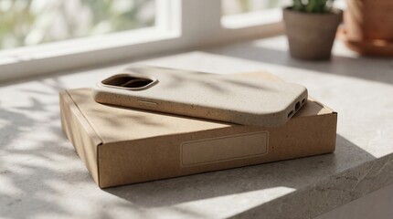 Light Beige Eco Friendly Phone Case Made Of Recycled Materials Sitting On Top Of Cardboard Packaging Box Natural Sunlight Creates Shadows On A Countertop With