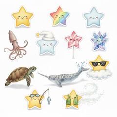 Cute Kawaii Sea & Star Characters Vector Illustration with Smiling Expressions and Playful Accessories © Luls Art