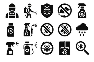 Pest control icons set featuring sprayer, insect symbols, and prohibition signs