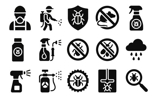 Pest control icons set featuring sprayer, insect symbols, and prohibition signs