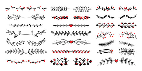 Christmas dividers set. Hand drawn ornamental winter holiday text decor border, Xmas floral underline, ornamental wedding card doodle separator with fir and holly branches. Vector isolated set