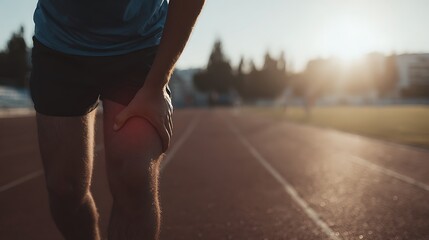 Close-up of Runner on Track Touching Knee with Glowing Red Pain Spot