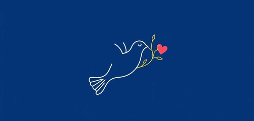 Minimalist thin line art dove of peace holding a plant sprig, with a subtle heart, symbolizing global love and peace on earth,  serene,  olive
