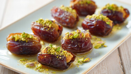 Stuffed medjool dates with nut butter filling, pistachio topping platter, healthy dessert appetizer bites, sweet salty no bake snack, natural fruit sweets for party table, gourmet date recipes trend