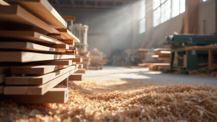 Sunlit lumber planks stacked in carpentry workshop interior, freshly cut wood boards with sawdust on floor, woodworking craft production process, carpentry workspace, timber preparation