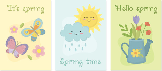 Set of Spring greeting cards. Colorful illustrations with messages and season elements