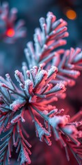 Frosted pine needles shimmer with a sugar-dusted, ethereal glow,  nature,  bokeh