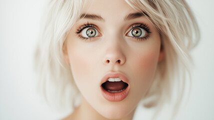 Blonde woman showing shock emotion. Close up portrait with surprised facial look