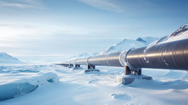 Pipeline infrastructure in snowy arctic landscape, winter energy supply, industrial engineering in cold climates, natural gas distribution, frozen tundra environmental challenge