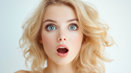 Astonished woman with blonde hair. Emotional portrait expressing sudden surprise.