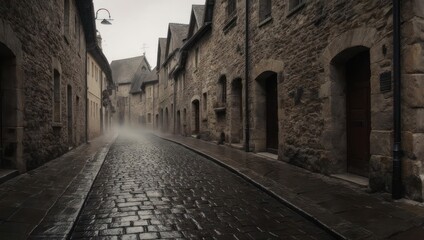 Fototapeta premium Misty Medieval Street Scene in Europe with Cobblestone and Stone Buildings.
