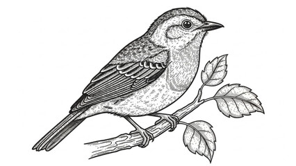 Fototapeta premium A small bird perched on a branch with leaves, black and white illustration, detailed drawing