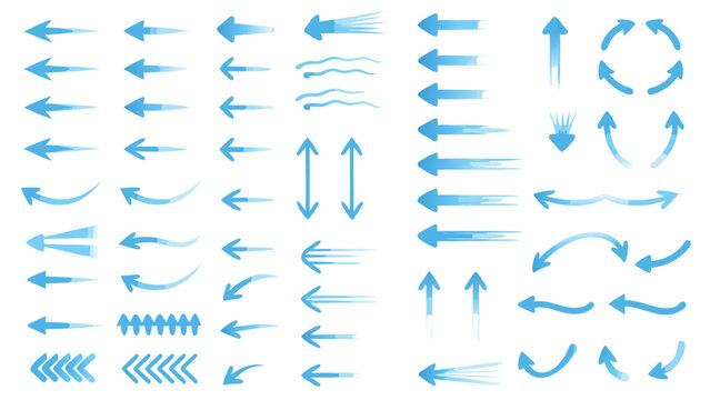 Air flow arrows. Blue cold wind stream, fresh water direction, filter and conditioner system infographic transparent movement and rotation elements. Vector arrow icons set
