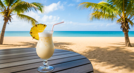 Tropical cocktail on a table at a beach paradise scene