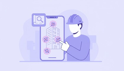Construction Worker Using AR App for Building Inspection and Planning.