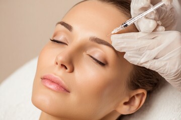 Female model receiving cosmetic treatment with syringe, showcasing beauty enhancement procedure in a serene spa environment with soft lighting and calming atmosphere