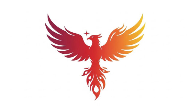 Vibrant phoenix bird with fiery plumage spread wings rising star