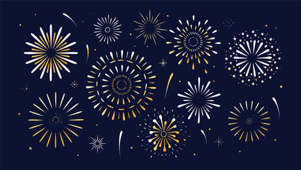 Firework background. Happy New Year golden festive fireworks burst on dark night sky for Birthday celebration greeting cards, event invites, holiday decor. Elegant minimal flat vector illustration
