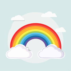 Illustration of a rainbow with clouds on a light blue background.