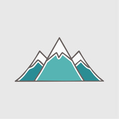 Illustration of three teal mountains with snow-capped peaks outlined in brown on a gray background.