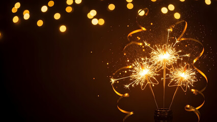 Sparklers in lightbulb with golden sparks in festive celebratory atmosphere for new year