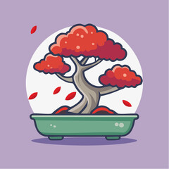 Illustration of a bonsai tree with red leaves in a green pot against a light purple background.