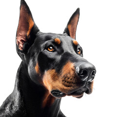 Doberman's Distinct Profile: A focused, powerful Doberman pinscher presents its alert, attentive gaze. This image shows the breed's sleek coat and piercing stare.