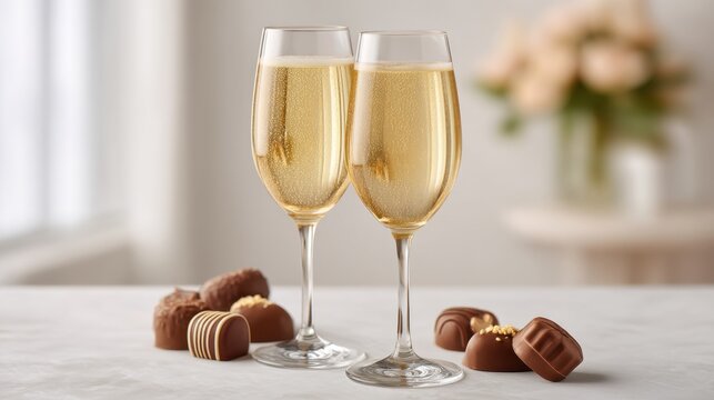 Romantic Setting with Toasting Flutes of Sparkling Champagne and Assorted Sweet Chocolates for Valentine's Day Celebration - Powered by Adobe