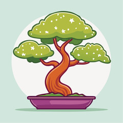 Illustration of a bonsai tree with green leaves in a purple pot against a light green background.