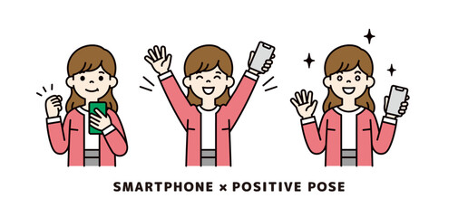 スマートフォンを持つ女性・OLのベクターイラスト素材＿ポジティブなポーズセット＿カラー
