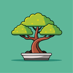 Illustration of a bonsai tree in a white pot against a green background.