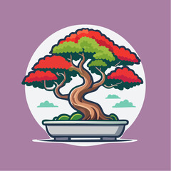 Cartoon bonsai tree with red and green leaves in a white pot against a purple background.