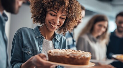 Smiling Woman with Curly Hair Holding a Cake Surrounded by Colleagues