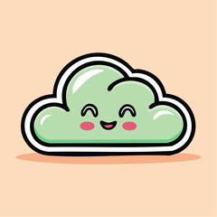 Cute green cloud with a happy face and a thick black outline on a peach background.