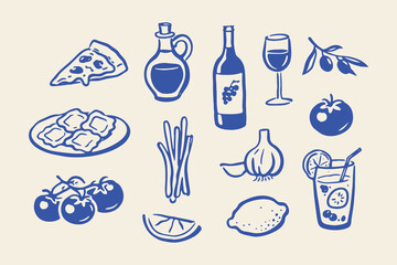 Italian food and drink set doodle line art vector illustration